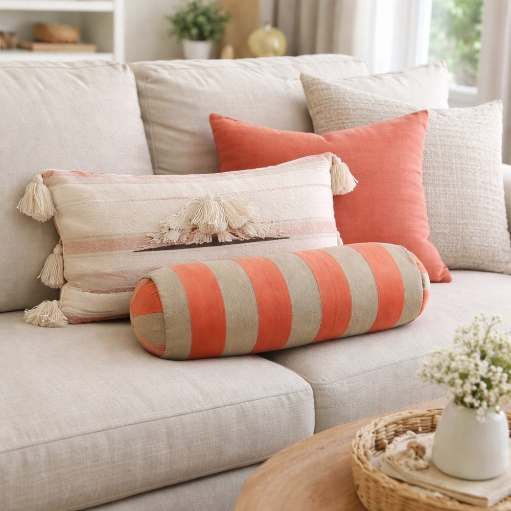 Creative Co-Op Cotton Velvet and Jute Bolster Pillow with Stripes, 8x18”